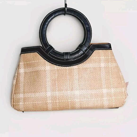Victoria's Secret Handbags - Vintage 90s Victoria's Secret Tan Plaid Straw Purse Bag Faux Leather Handle EUC